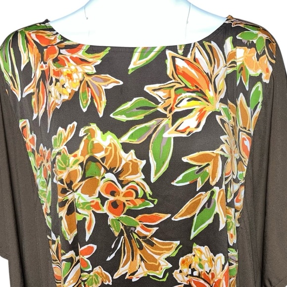 BOB MACKIE Wearable Art Brown Green Orange Floral Print Tunic Top Womens Size 2X - Picture 2 of 8